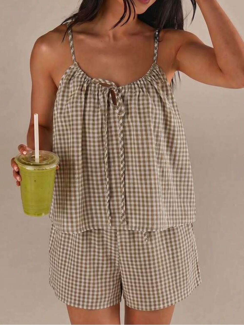 Gingham Tie-Front Tank Top and shorts